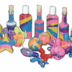 Vibrant sand art bottles and figurines perfect for entertainment at parties and festivals.