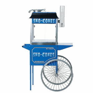 Ice cold snow cone machine with wheel for easy mobility at parties. Perfect for festivals, private e.