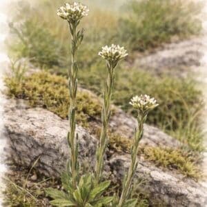 Jäykkäpitkäpalko (Arabis hirsuta) – hoikka, karvainen varsi ja pienet valkoiset kukat kivikkoisella kasvupaikalla.