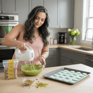 Mujer batiendo una masa verde de pistacho con una batidora de varillas, con la bandeja de macarons ya escudillados al lado