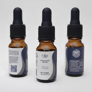 Three amber dropper bottles of The CBD Expert's CBD Whole-Flower Fluid against a white background