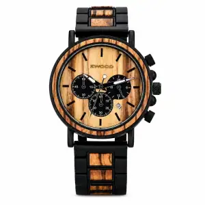 Montre chronographe Zwood® en bois de zébrano et acier noir sur fond blanc