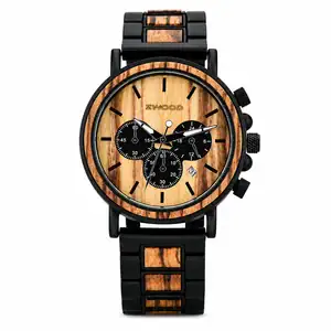 Montre chronographe Zwood® en bois de zébrano et acier noir sur fond blanc