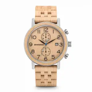 Montre Zwood® en bois de cerisier et acier inoxydable avec bracelet en cerisier sur fond blanc