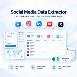 Social Media Data Extractor dashboard for B2B business data collection from Facebook, Instagram, LinkedIn, YouTube and X with location targeting and spreadsheet export.