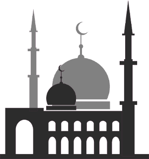 Mosque silhouette with minarets and crescent moon, purple background.
