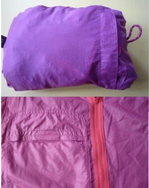 Montbell ( モンベル ) U.L. ストレッチウインド ジャケット ジャケット裏の折り畳み収納ポケットと折りたたんでポケットの収納した様子