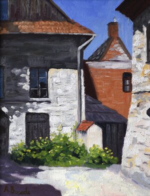 Old Synagogue Kazimierz Dolny framed original oil painting by Andrea Bocedi, 24 × 30 cm