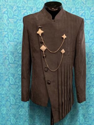 Ash Grey Pleated Designer Bandgala