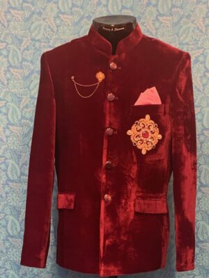 Red Velvet with Hand Embroidered Motif Designer Bandgala
