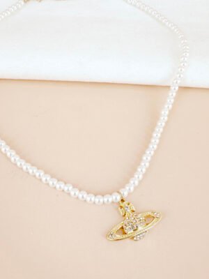 Collier planète en strass doré