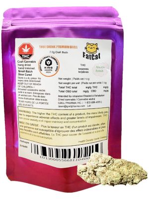 FatCat True Skunk 7g dried flower package displaying dense sativa buds with vibrant orange trichomes.