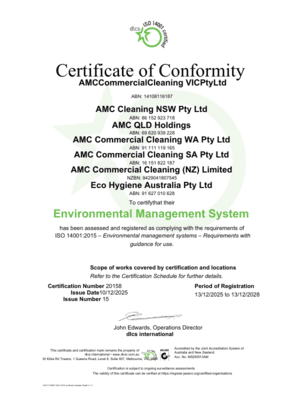 ISO 20158 EMS certification confirming environmental management compliance, December 2025
