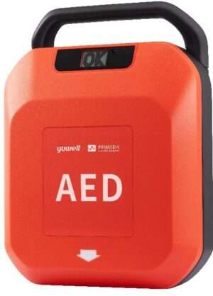 Hjärtstartare AED i röd färg för första hjälpen, lätt att använda vid nödsituationer för hjärtstopp.