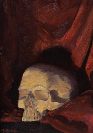 Still Life with a Skull original vanitas oil painting by Andrea Bocedi shown in a decorative frame