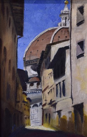 Oil painting of Via dello Studio street in Florence, Italy – warm architectural cityscape