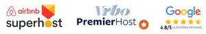 Airbnb Superhost, Vrbo Premier Host, and Google 4.8-star rating 