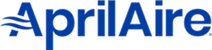 Logo of AprilAire featuring the brand name in blue title case letters with a stylized wave symbol to the left, representing air quality and ventilation.