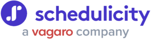 Logo of Schedulicity, a Vagaro company, featuring a purple circular icon with a stylized 'S' symbol, followed by the company name in bold purple text. Below it, 'a Vagaro company' is written in a mix of gray and red text.