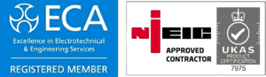 Two accreditation badges: left shows 'ECA Registered Member' on a blue background with 'Excellence in Electrotechnical & Engineering Services'. Right shows 'N IEC Approved Contractor' with a UKAS Product Certification logo and the number 7975.