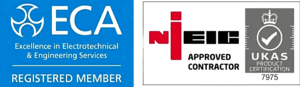 Two accreditation badges: left shows 'ECA Registered Member' on a blue background with 'Excellence in Electrotechnical & Engineering Services'. Right shows 'N IEC Approved Contractor' with a UKAS Product Certification logo and the number 7975.