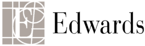 Logo of Edwards Lifesciences featuring a stylized gray emblem with geometric shapes forming the letters 'E' and 'L,' alongside the company name 'Edwards' in black serif font.