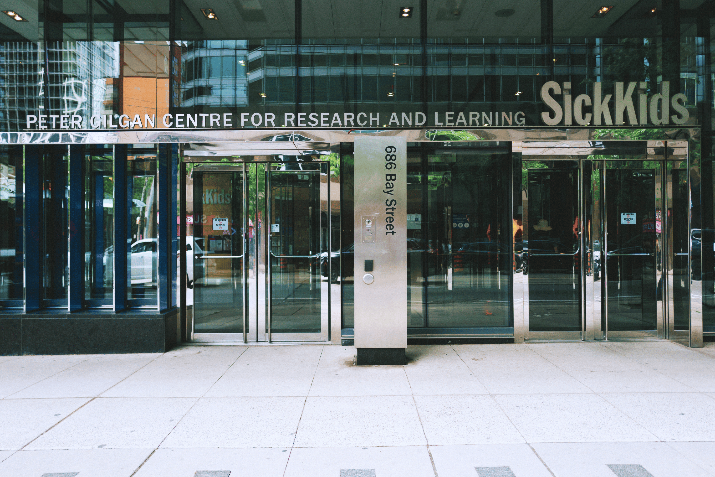 Entrance doors of the Peter Gilgan Centre for Research and Learning at the Hospital for Sick Children