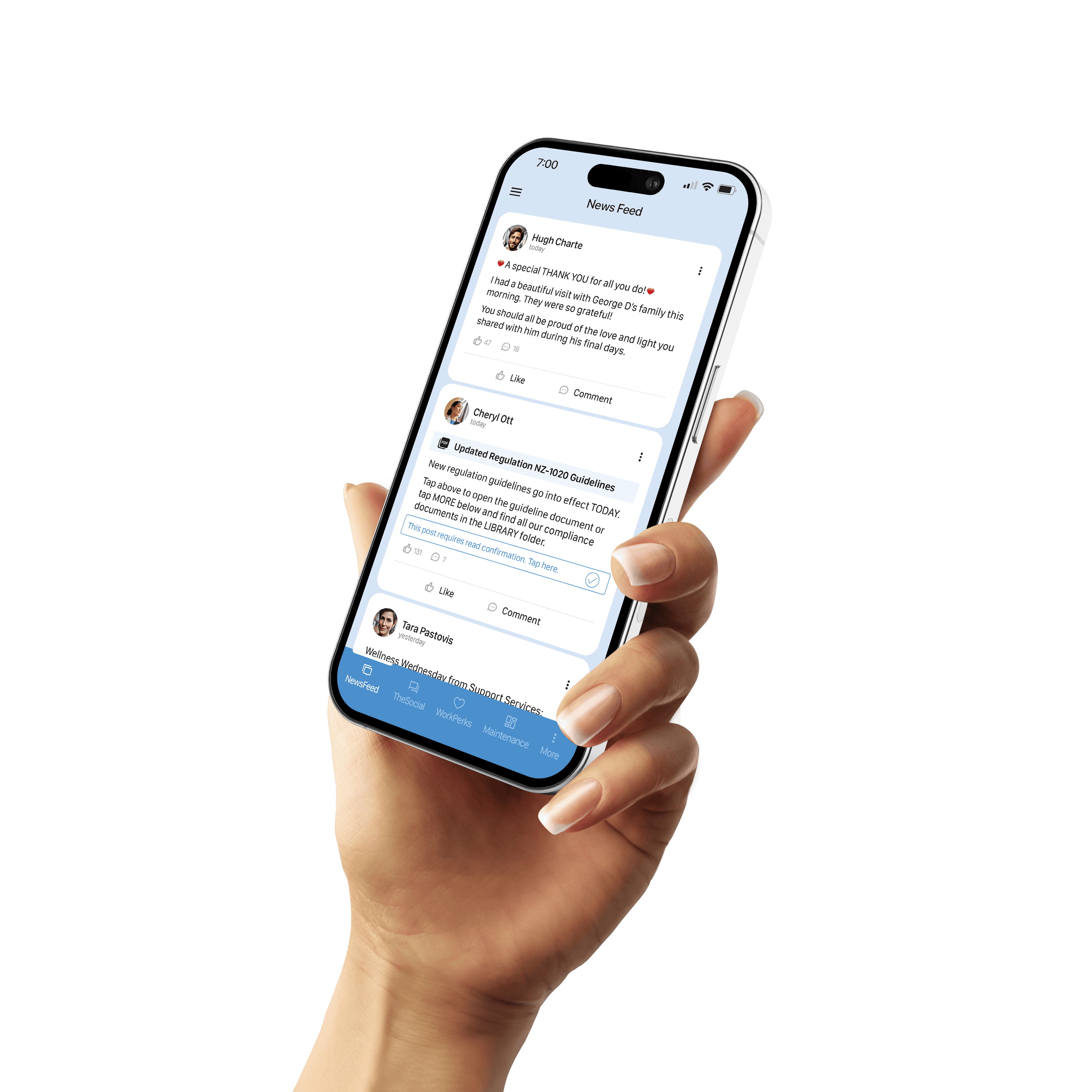 Niuz for internal communications hand holding mobile phone showing Niuz app