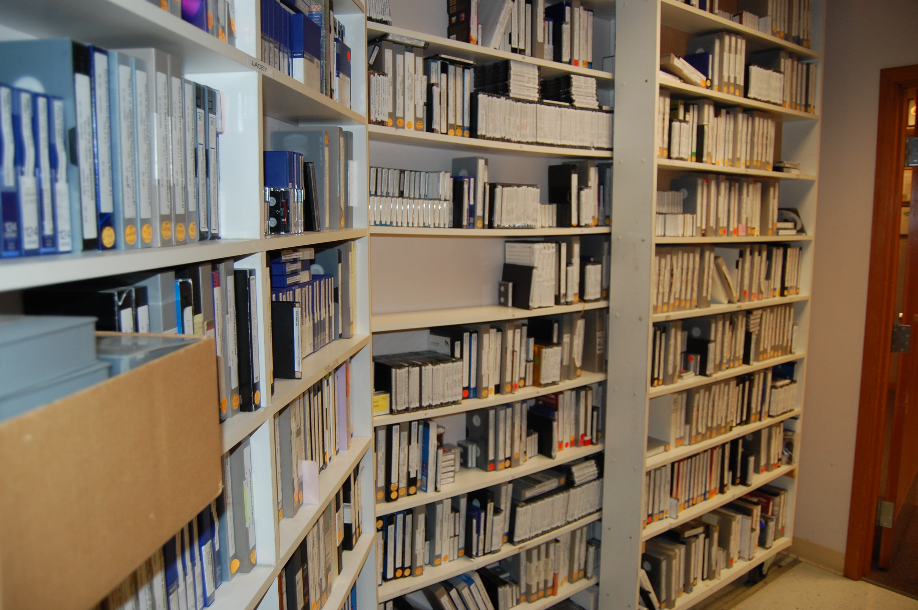 Typical storage of videotapes. These are not searchable, and soon you may be unable to play them back. They may disintegrate, or there won't be videotape machines to use.