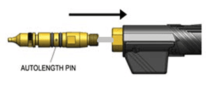 Autolength pin on MIG gun with wire brake