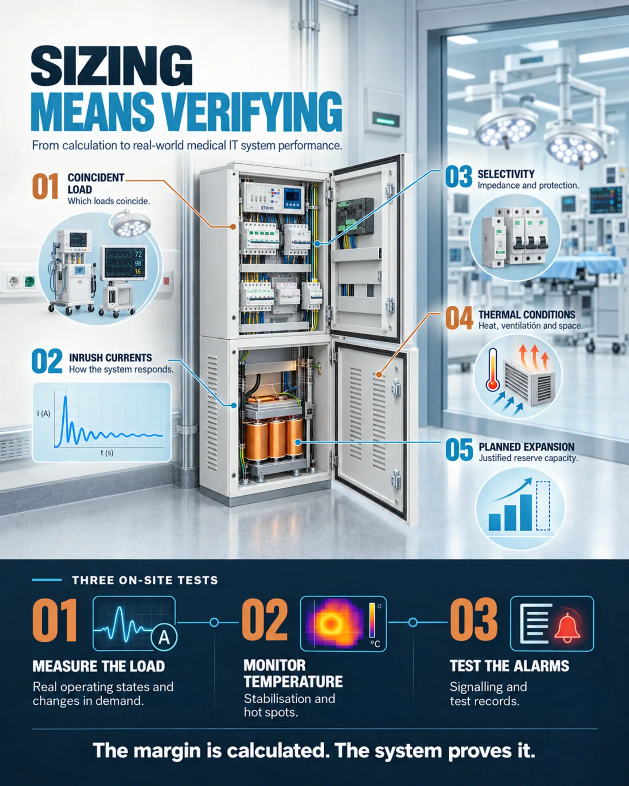 Infographic on sizing and verifying a medical isolation transformer