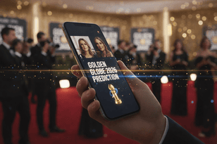 A smartphone displaying a Golden Globes TikTok moments prediction video against a blurred red carpet background.