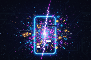 Abstract digital art featuring a central glowing prism and geometric "glitch" fragments in neon pink and cyan, symbolizing the fragmentation of celebrity identity in the Timothée Chalamet TikTok trend.