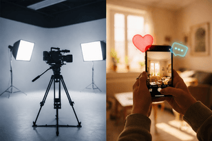 Illustrate why TikTok rewards average videos with a split-screen comparison showing a professional dark film studio with a tripod on the left, and a person's hands holding a smartphone filming a bright, messy living room with a TikTok heart and comment bubble on the right.