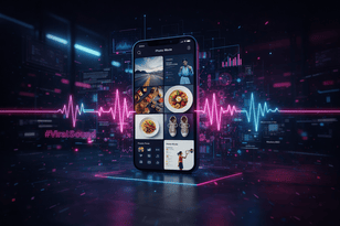 A high-tech 3D render of a smartphone displaying the TikTok Photo Mode interface with a grid of high-quality lifestyle images and glowing digital soundwaves.