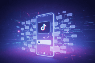 A conceptual 3D illustration featuring a glowing smartphone interface displaying a TikTok-style content video reply. A floating comment bubble is connected to a video window by a glowing arrow, surrounded by a complex web of interconnected speech bubbles and data nodes on a vibrant purple and blue background.
