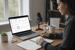 A creator writing in a notebook next to a laptop displaying the TikTok Shop Affiliate Center dashboard and a professional microphone.