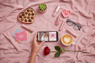 A high-end flat lay on pink fabric featuring a hand holding a smartphone with a self-care video, surrounded by chocolates, a latte, a rose, and floating holographic TikTok Gift Finder icons.