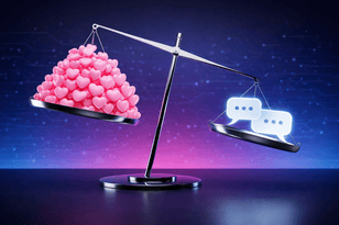 Why TikTok comments matter more than likes: A 3D scale showing heavy comment bubbles outweighing a pile of hearts