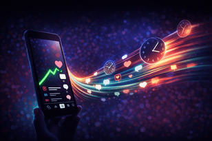 Smartphone visualizing why TikTok trends feel shorter than they used to, showing rapid engagement spikes, saves, likes, and time acceleration