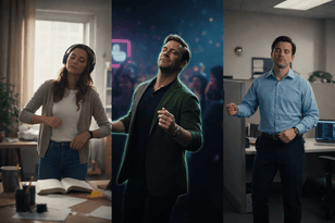 A split-screen image showing three different people in various settings, a club, a study room, and a corporate office. All performing the viral Jon Hamm dissociation dance with their eyes closed.