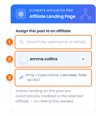 Affiliates Pro - Affiliate Landing Pages box in the WordPress page editor with the affiliate search field, the selected affiliate emma.collins and the page URL