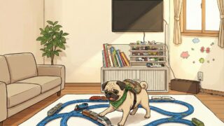 賃貸の10畳リビングでプラレールを広げて遊ぶ様子。テレビ壁掛けや収納術で広さを確保した部屋のイメージイラスト