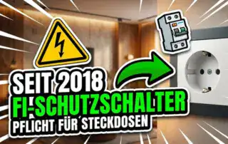Steckdose mit FI-Schutzschalter-Symbol an Wohnraumwand – Pflicht seit 2018