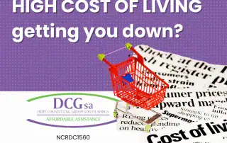 A shopping cart with headlines about the high cost of living in East London, South Africa.