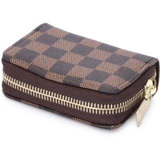 Brown checkered leather wallet with zipper closure and compact design