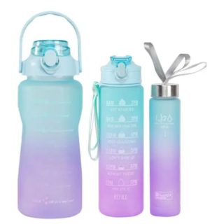 Set of three gradient aqua to purple motivational water bottles with time markers and secure lids