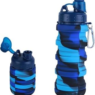 Collapsible blue and black silicone water bottle in extended and folded positions with a flip-top lid and carabiner clip.