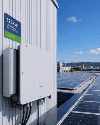 Inverter 125kW – Giải Pháp Biến Tần Hoàn Hảo Cho Dự Án Điện Mặt Trời C&I 1 Hình ảnh tổng quan hệ thống điện mặt trời C&I trên mái nhà xưởng công nghiệp kết hợp thiết bị biến tần Inverter 125kW hiệu suất cao.