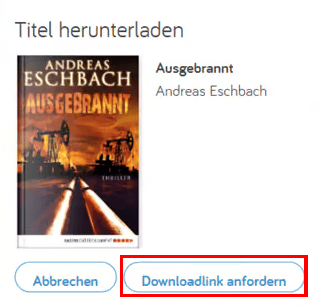 Screenshot des Tolino-Webreaders mit Funktion "Downloadlink anfordern".
